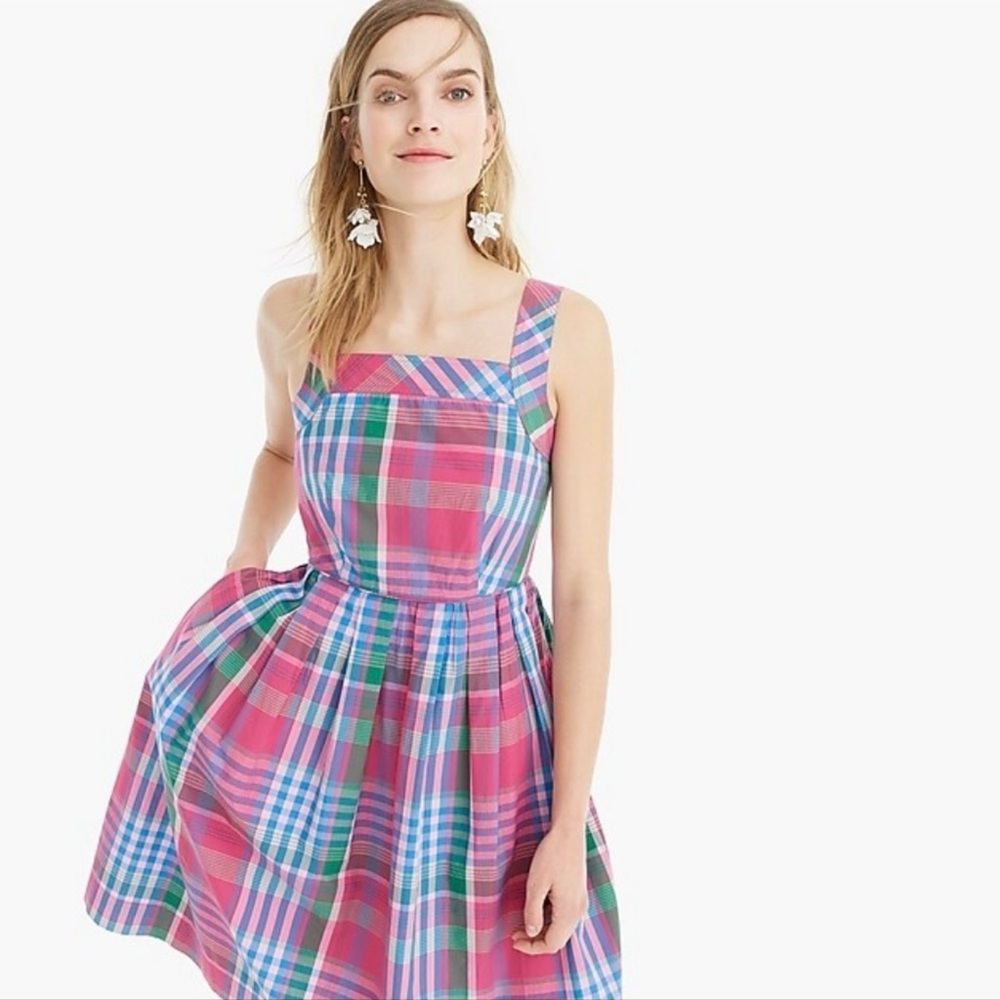 J. Crew Pink Multi-Color Plaid Midi Dress Cotton Poplin